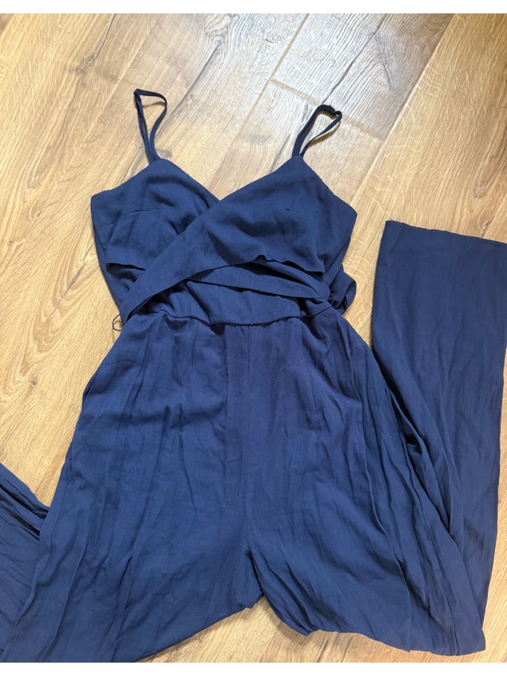 miami Navy Blue Spaghetti Strap Jumpsuit with Wrap Bodice